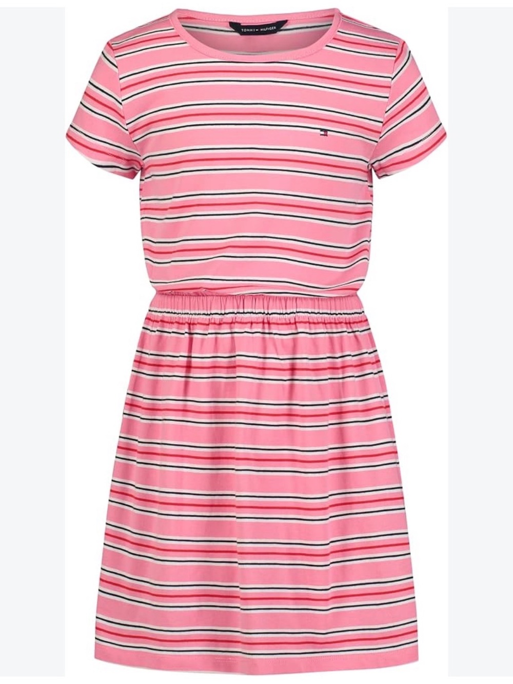 Tommy Hilfiger Pink Striped Short-Sleeve Elastic-Waist Dress